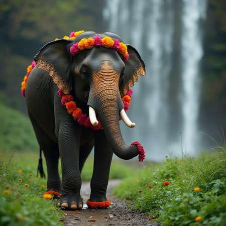 Indian elephant with flower garland in front of a waterfall in the backgroundの素材