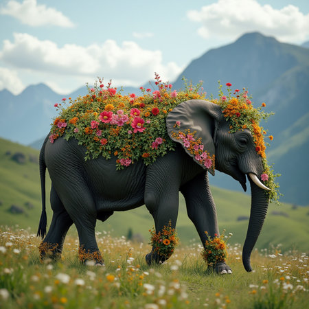 Elephant with flowers on the meadow in the mountains, 3d renderの素材