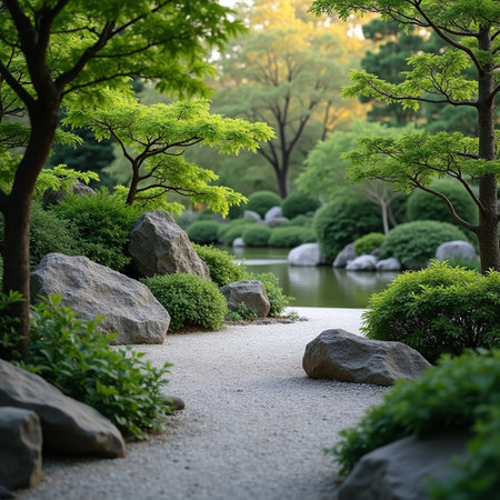 Japanese garden with stone pathway and green trees in the park at sunsetの素材
