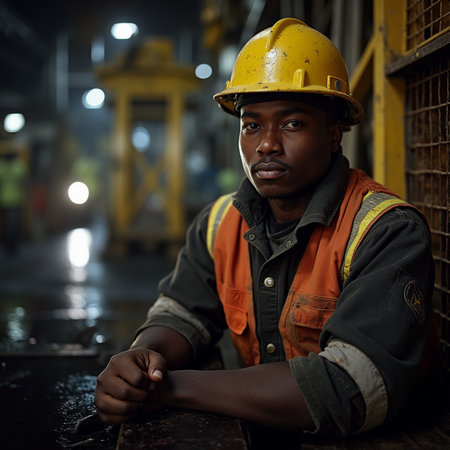 Portrait of young African-American male worker in hardhat and safety vest at construction siteの素材