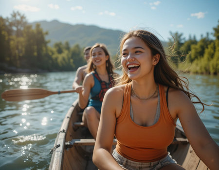 Group of young women paddling a canoe on the river. Focus on the girlの素材