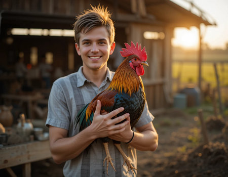 Young man farmer with rooster in his hands on the farm.の素材