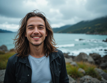 Portrait of a smiling young man standing in front of the seaの素材