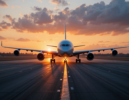 Airplane on the runway at sunset. Concept of travel, vacation and transport.の素材