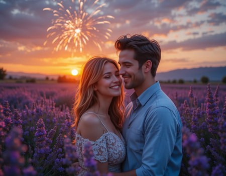 Happy couple in lavender field and fireworks in the sky at sunsetの素材