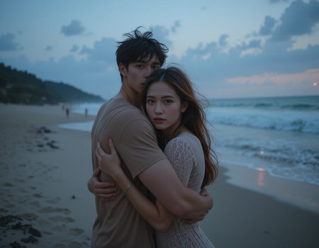 Young asian couple embracing on the beach at sunset. Lifestyle concept.の素材