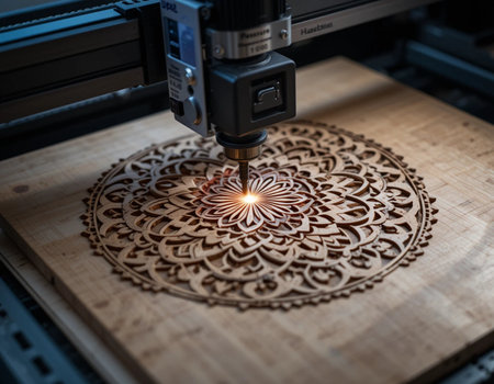 The CNC milling machine cutting the wood with the sparking light.の素材