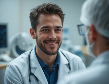 selective focus of smiling doctor in eyeglasses looking at patientの素材
