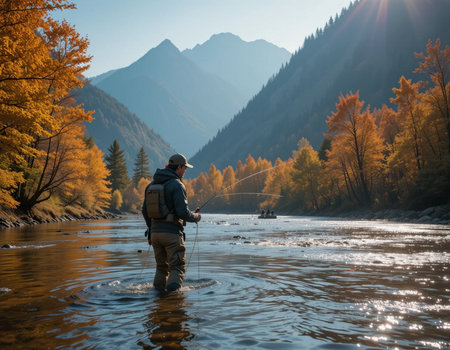 Fly fisherman fishing in a mountain river with a spinning rod in autumnの素材