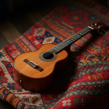 Ukulele on the background of a carpet. Close-upの素材