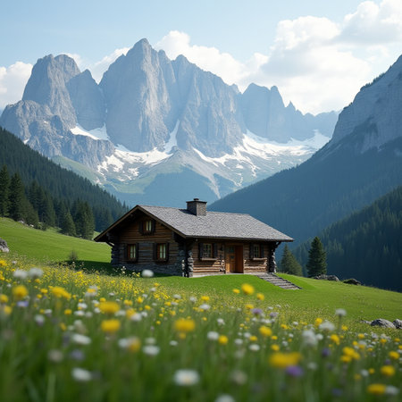 Wooden house in the meadow with flowers and mountains in the backgroundの素材