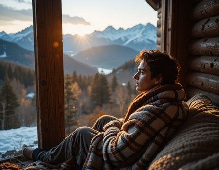 Young woman wrapped in a warm plaid sitting on the windowsill and enjoying the view of the mountains.の素材