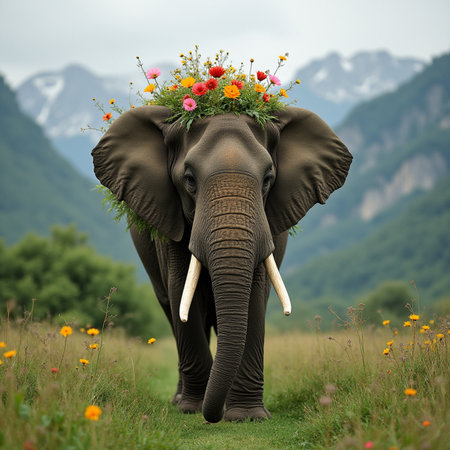 Portrait of an elephant with a bouquet of wildflowersの素材