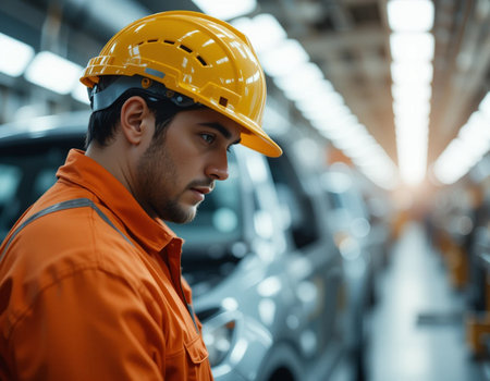 Portrait of a young man in a helmet on the background of a car factoryの素材