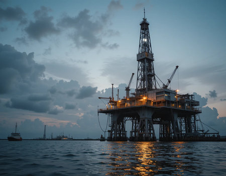 Oil and gas platform in the gulf of thailand at sunset.の素材