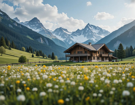 Idyllic alpine landscape with wooden house in the middle of blooming meadowの素材