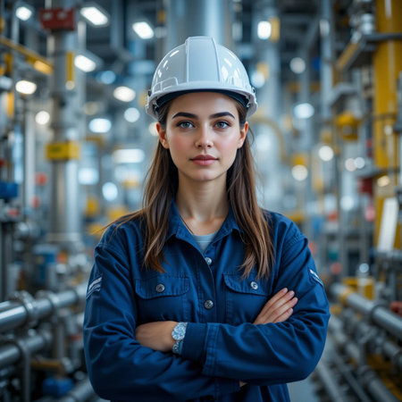 Portrait of confident female engineer standing with arms crossed in industrial factoryの素材
