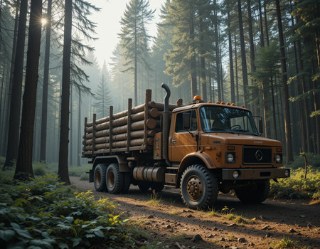 Truck with logs in the forest on a foggy day.の素材