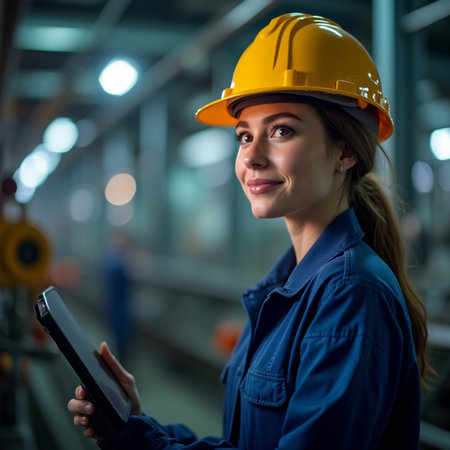Portrait of a young woman engineer in a hardhat with a tablet in her hands.の素材