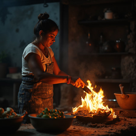 Portrait of a young woman cooking on fire in the kitchen.の素材