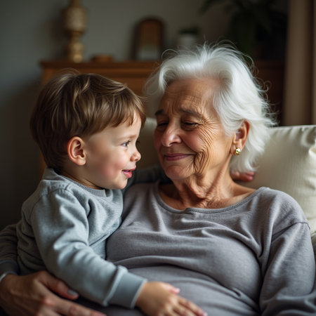 Grandmother and grandson looking at each other while sitting on sofa at homeの素材