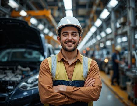 Portrait of confident male worker standing with arms crossed in auto repair shopの素材