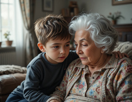 Grandmother and grandson looking at each other while sitting on sofa at homeの素材
