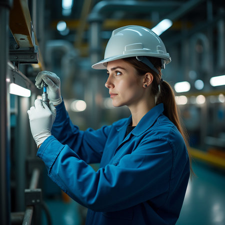 Young woman worker in uniform and safety helmet. Industrial factory background.の素材