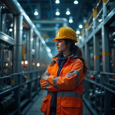 Portrait of a female worker in a yellow helmet. industrial backgroundの素材