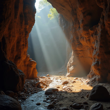 Sunbeams through the hole in the sandstone walls of a caveの素材