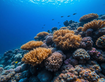 Tropical coral reef with hard corals and tropical fish in blue waterの素材