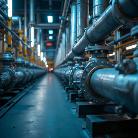 Industrial zone, Steel pipelines and cables in blue tones at a power plantの素材