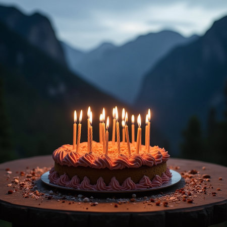 Birthday cake with burning candles on background of mountains. Selective focus.の素材