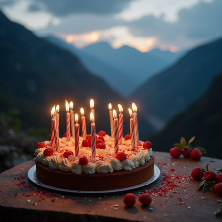 Birthday cake with burning candles on the background of a mountain landscapeの素材