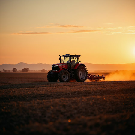 Farmer in tractor preparing land with seedbed cultivator at sunsetの素材