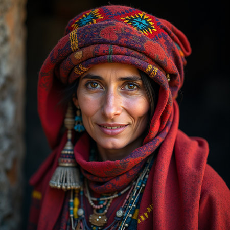 Portrait of a woman with a headscarf in Kathmandu, Nepal.の素材