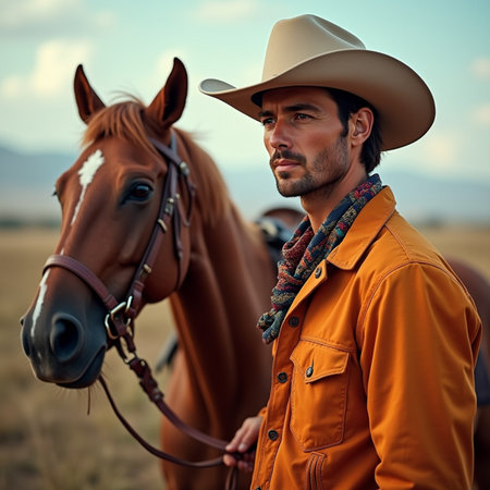Portrait of a cowboy in a cowboy hat with his horse.の素材