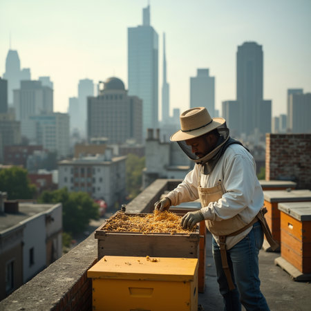 A beekeeper checking a beehive in the middle of a cityの素材