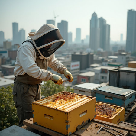 Beekeeper working with beeswax at apiary in city.の素材