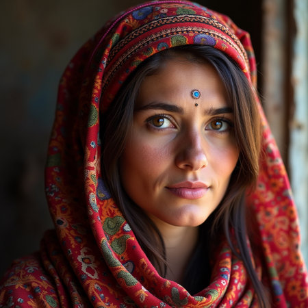 Portrait of a beautiful young girl with a shawl.の素材