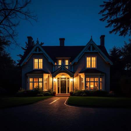 Luxury house at night with entrance porch and walkway.の素材