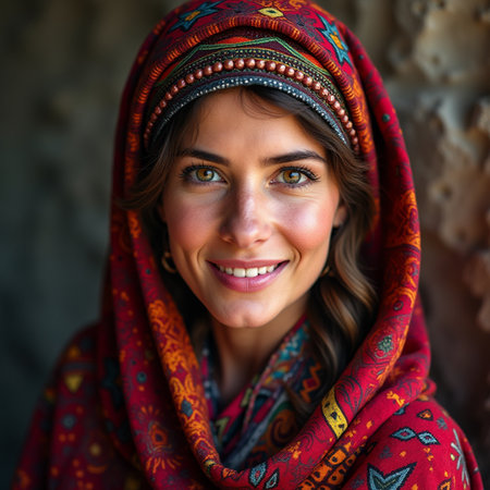 Portrait of a beautiful woman with a scarf on her head.の素材