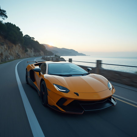 Beautiful orange sport car on the road at sunset. 3d renderingの素材