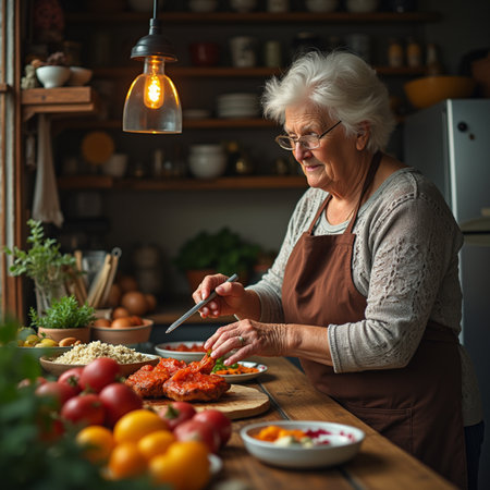Elderly woman cooking in the kitchen. Healthy food concept.の素材