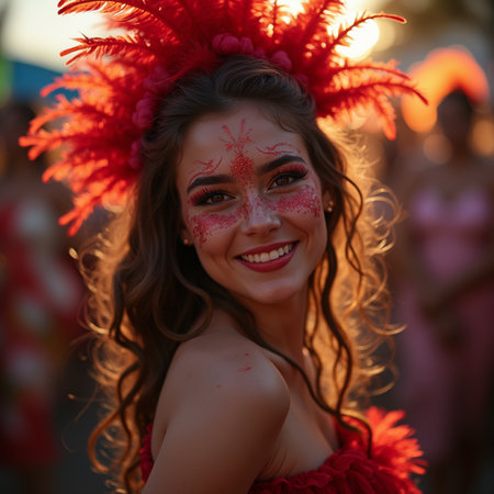 Portrait of beautiful young woman with red carnival make-up and hairstyleの素材