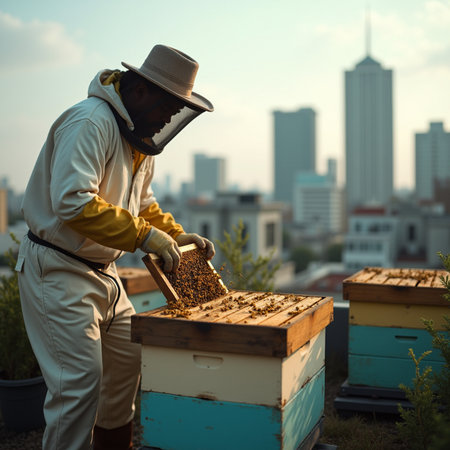 Beekeeper working on apiary with bees and beehives.の素材