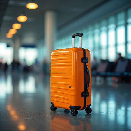 Orange suitcase in airport terminal. Travel concept. 3D Renderingの素材