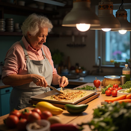 Elderly woman cooking pasta in the kitchen at home. Healthy food conceptの素材