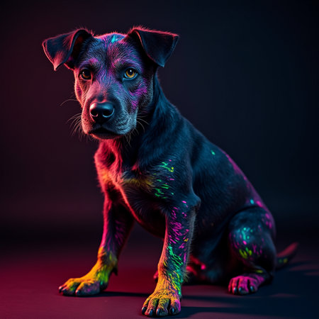 Studio portrait of a mixed breed dog on a dark background with neon lights.の素材