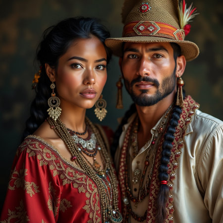 Portrait of a beautiful Indian couple in traditional costume. India.の素材